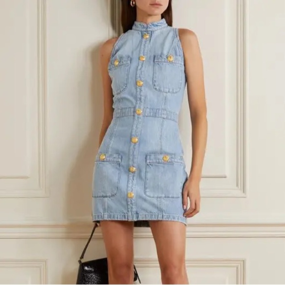 BALMAIN Button-Embellished Denim Mini Dress in Blue